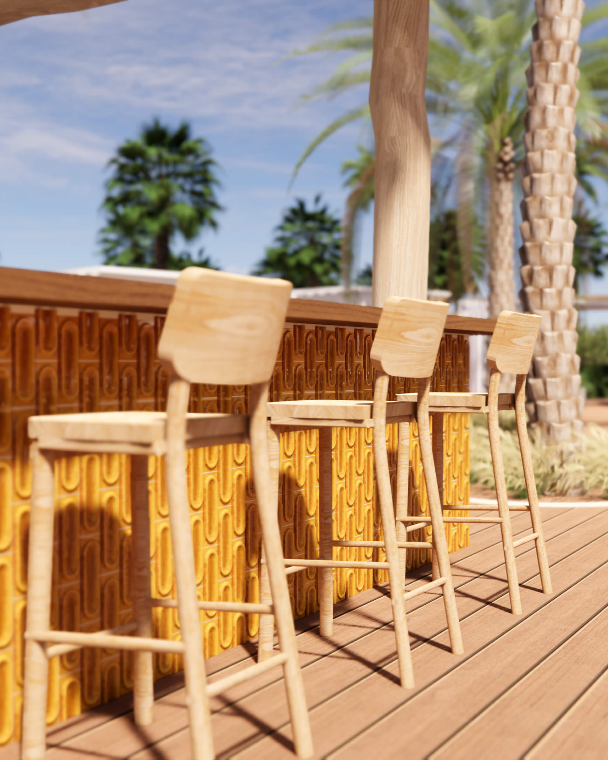 Three bar stools in front of a bar, palm trees in the background