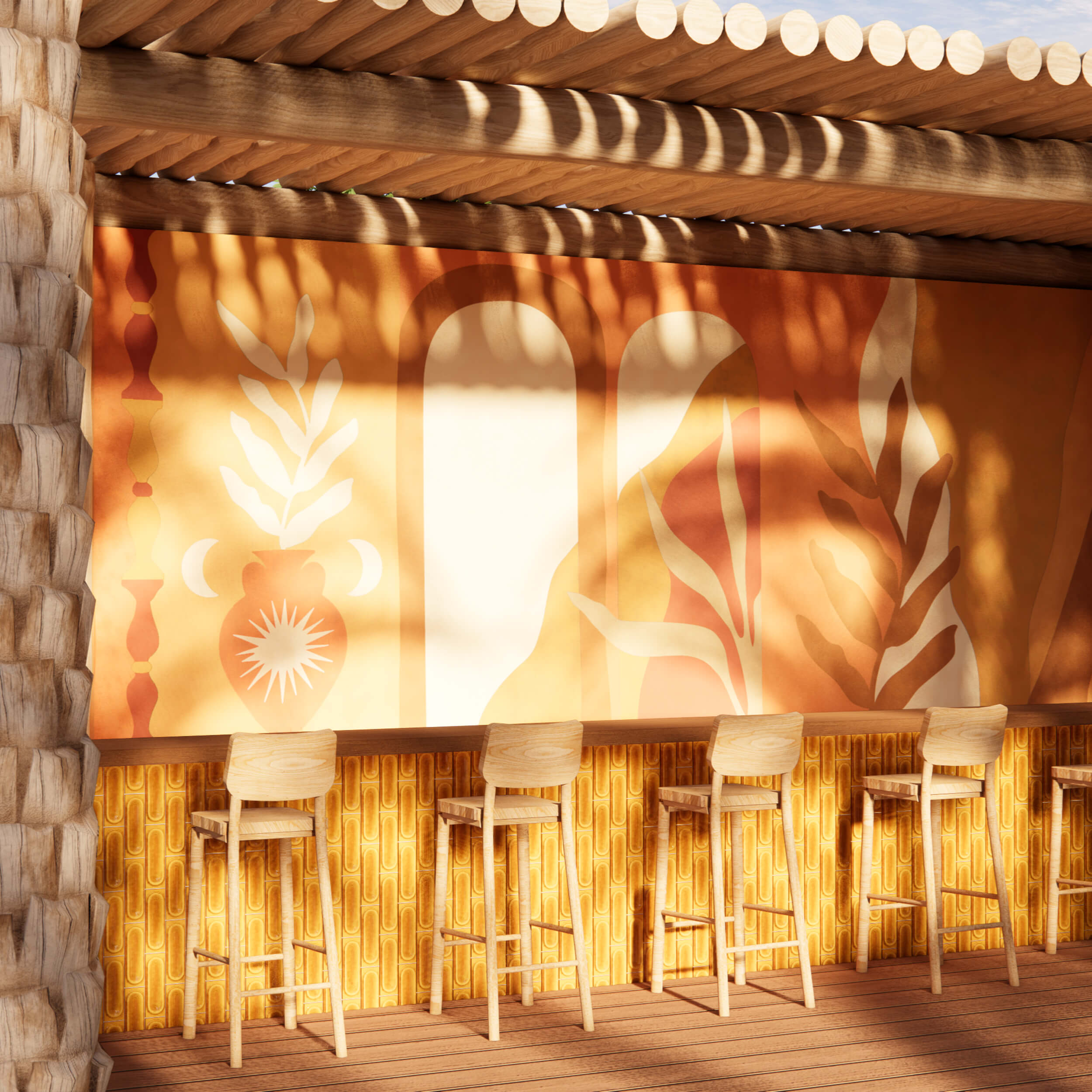 Bar stools in front of a tropical bar